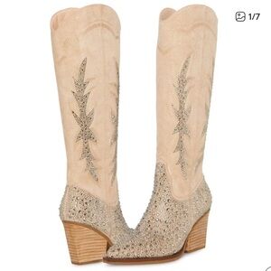 Sugar Kammy Bling Tall Beige Western Pull On Heeled Boots